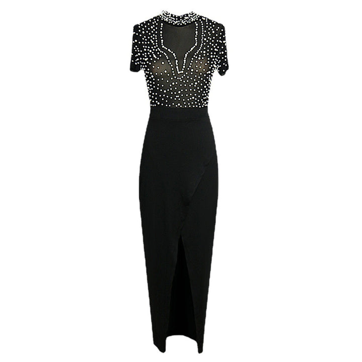 Damen elegantes Maxikleid mit transparentem Oberteil und schimmernden Perlen Drune