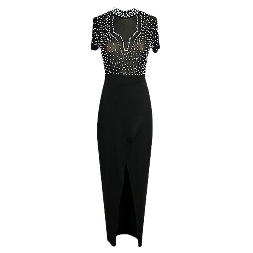 Damen Elegantes Kleid mit transparenten Puffärmeln und Perlenakzenten Drune