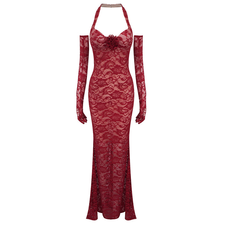 Damen Elegantes Spitzenkleid mit Langärmeln und Blumenapplikationen Drune