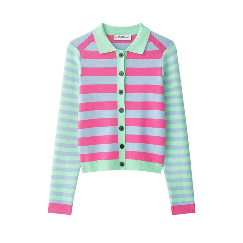 Damen Gestreifte Kurzstrickjacke mit Polokragen, kontrastierender Knopfleiste und Rippbündchen Drune