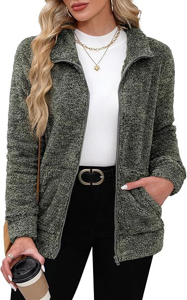 Damen nan kuschelige Teddy-Fleecejacke mit durchgehendem Reißverschluss, Stehkragen und seitlichen Eingrifftaschen Drune