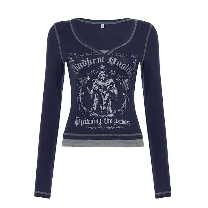 Damen Enganliegendes geripptes Langarm-Top mit V‑Ausschnitt, Kontrastnähten und Gothic-Print Drune