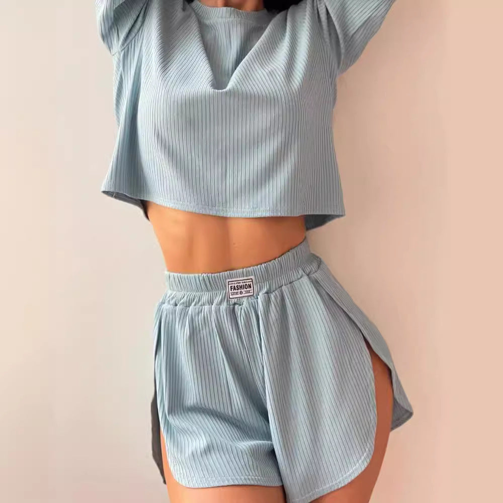 Damen lässiges Short-Pyjama-Set aus atmungsaktiver Rippstruktur Drune