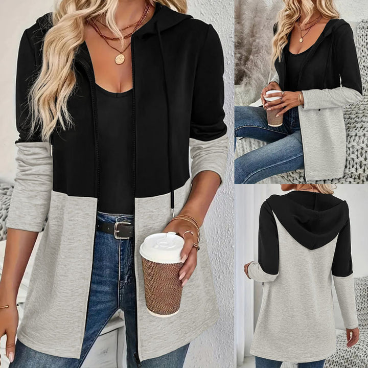 Damen Kapuzen-Sweatjacke mit Colorblock, Reißverschluss und lässiger Longline-Silhouette Drune