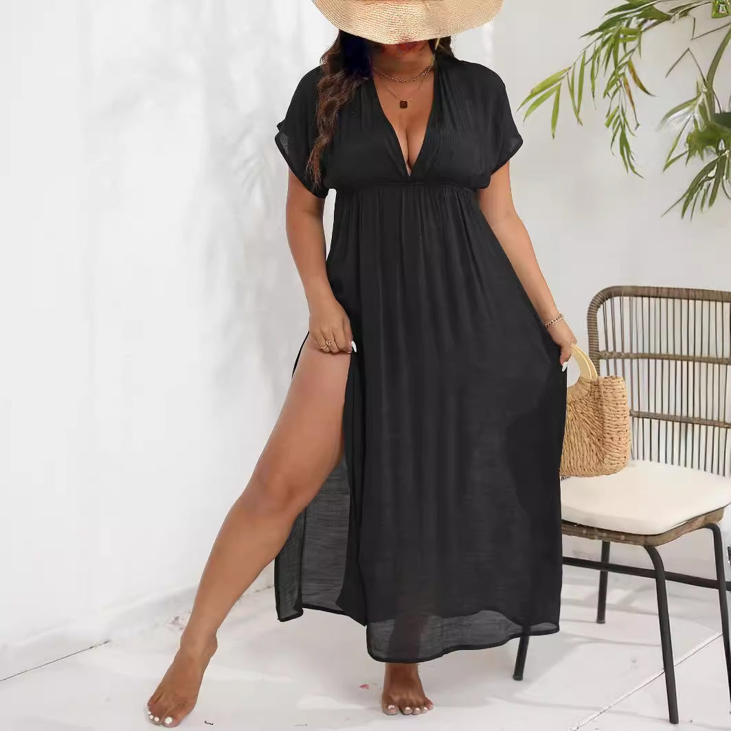 Damen luftiges Maxikleid mit tiefem V-Ausschnitt und seitlichen Schlitzen Drune