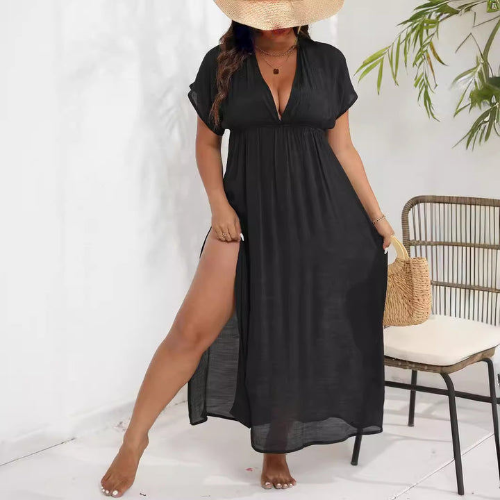 Damen luftiges Maxikleid mit tiefem V-Ausschnitt und seitlichen Schlitzen Drune