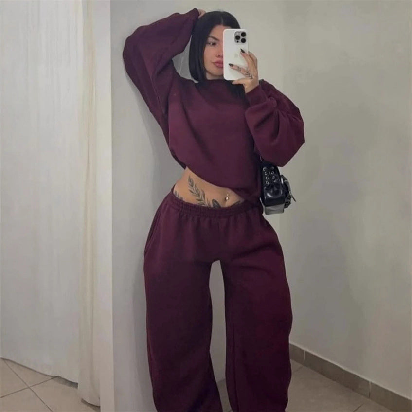 Damen Cropped-Sweatshirt mit hohem Rundhalsausschnitt und elastischer Tunnelzug Wide-Leg Jogginghose Set Drune