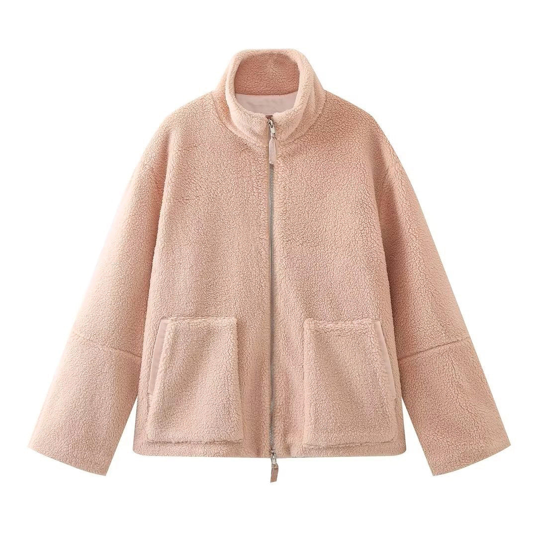 Damen Oversize Teddy-Fleecejacke mit Stehkragen und aufgesetzten Taschen Drune