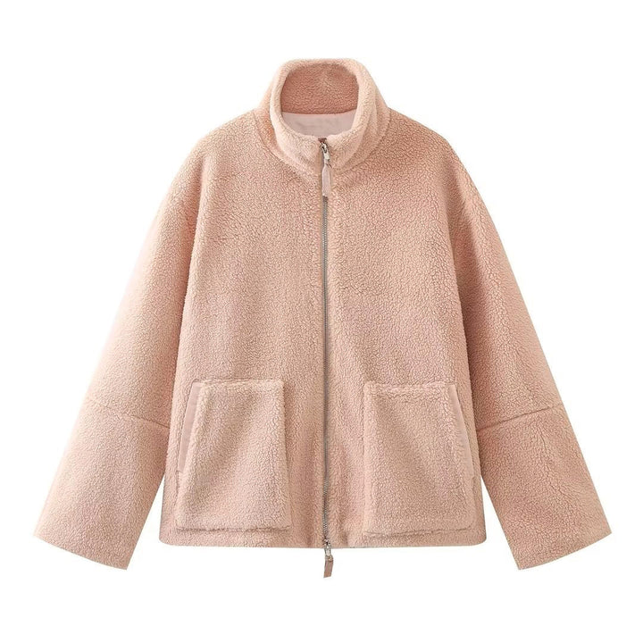Damen Oversize Teddy-Fleecejacke mit Stehkragen und aufgesetzten Taschen Drune