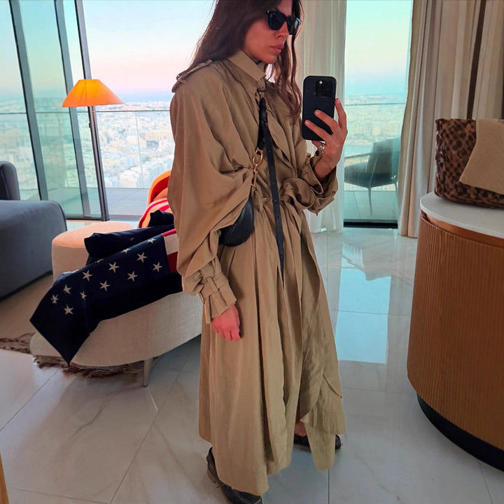 Damen Oversize-Trenchcoat mit voluminösen Ballonärmeln, Kordelzug und abnehmbarer Kapuze Drune
