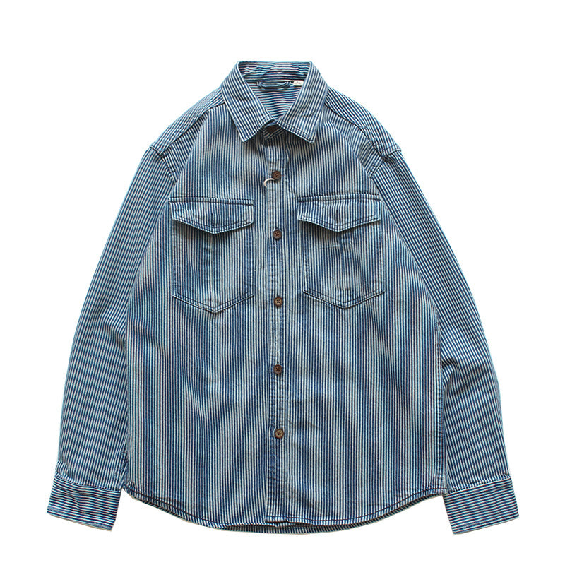 Herren Gestreiftes Denim-Hemd mit Brusttaschen Drune