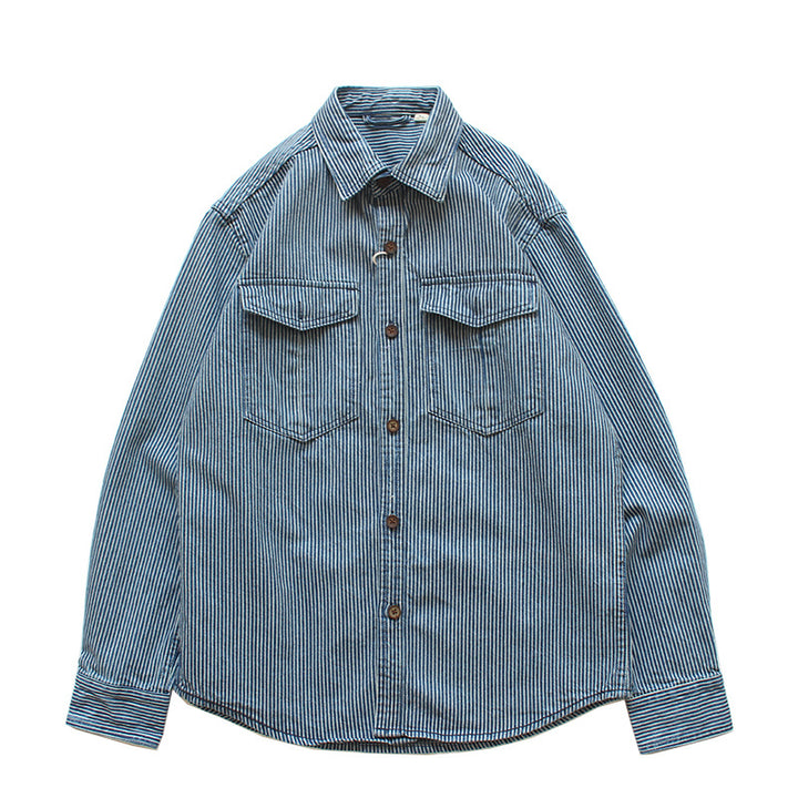 Herren Gestreiftes Denim-Hemd mit Brusttaschen Drune