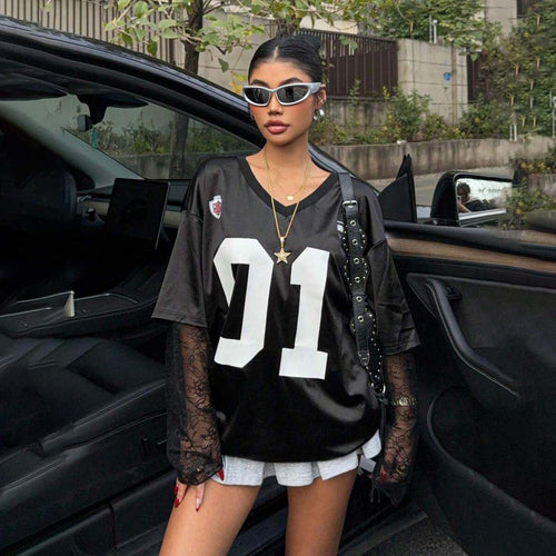 Damen Streetstyle Oversized T-Shirt mit Lace-Ärmeln Drune