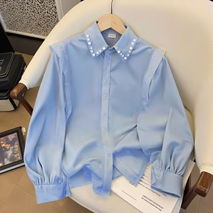 Damen nan Perlenbesetzte Hemdbluse mit Puffärmeln und spitzem Kragen Drune