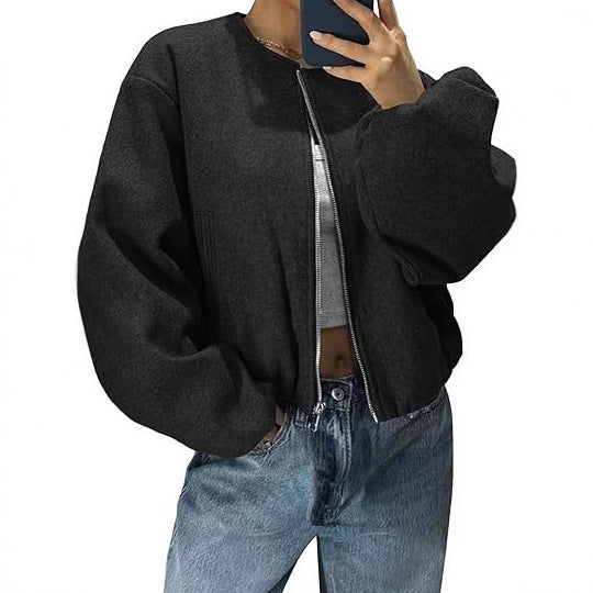 Damen Kurzjacke mit durchgehendem Reißverschluss, Ballonärmeln und elastischem Saum Drune