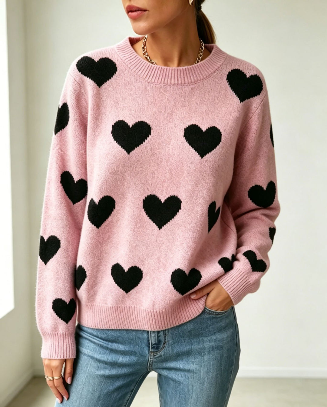 Damen Herz-Intarsien Rundhalspullover mit lässiger Oversize-Passform Drune