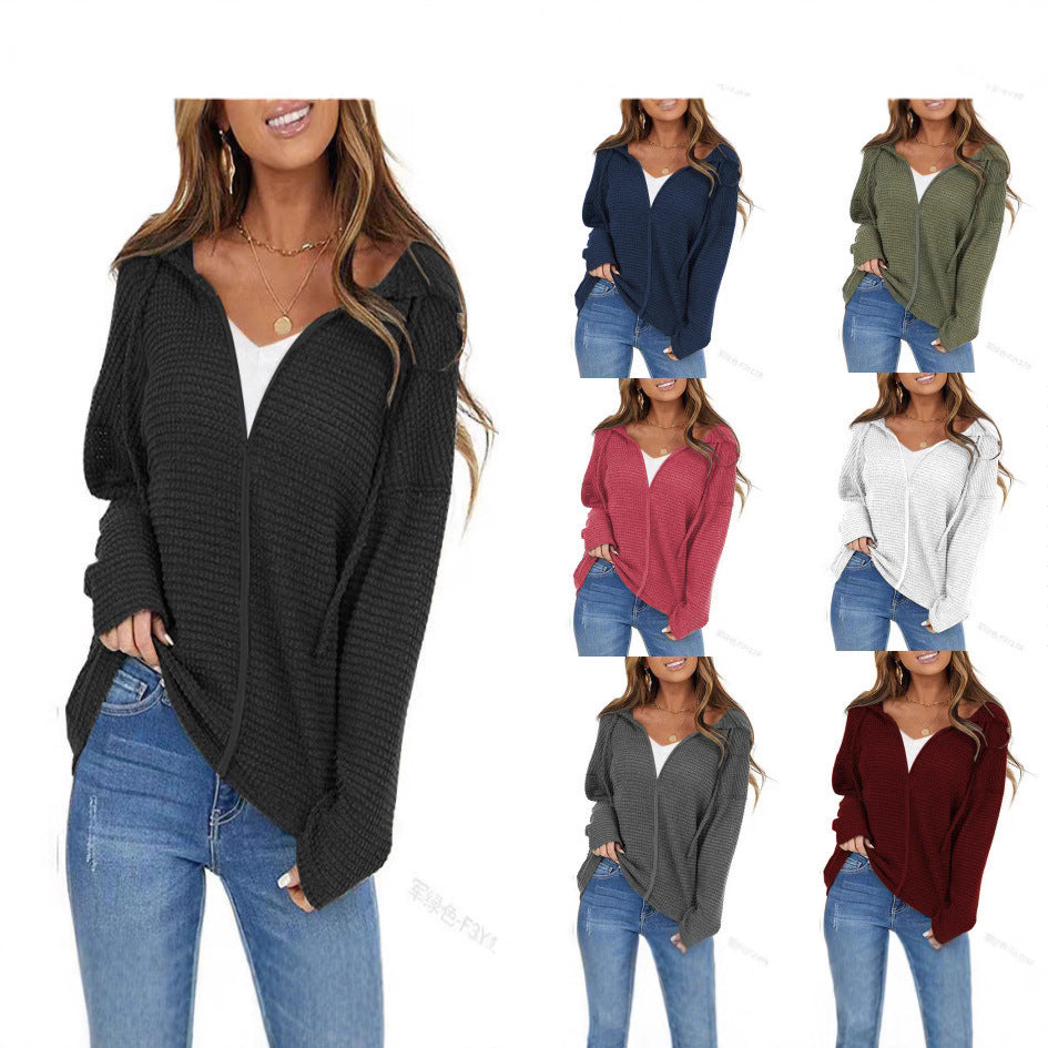 Damen Oversize Waffelstrick-Kapuzenpullover mit Reißverschluss Drune