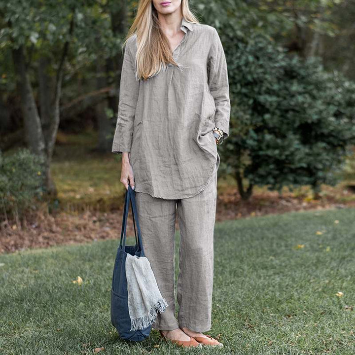 Damen Leinen-Loungewear-Set mit weitem Tunika-Hemd und lockerer Palazzo-Hose Drune
