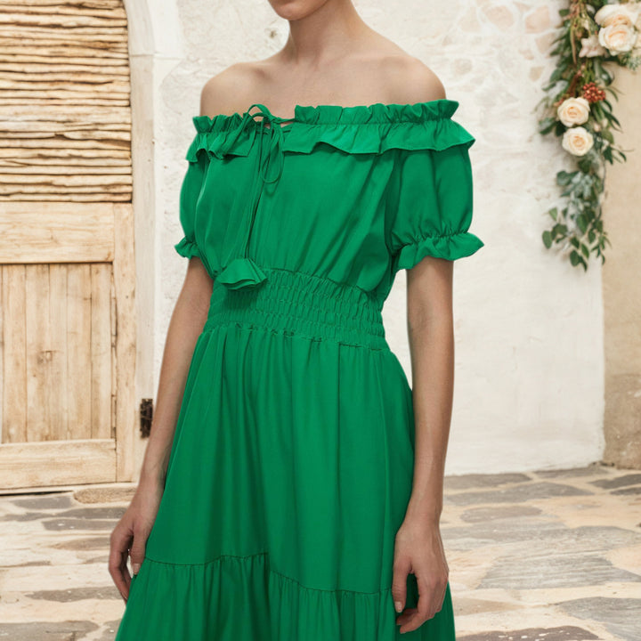 Damen Off-Shoulder Maxikleid mit elastischem Taillenbund und Rüschendetails Drune