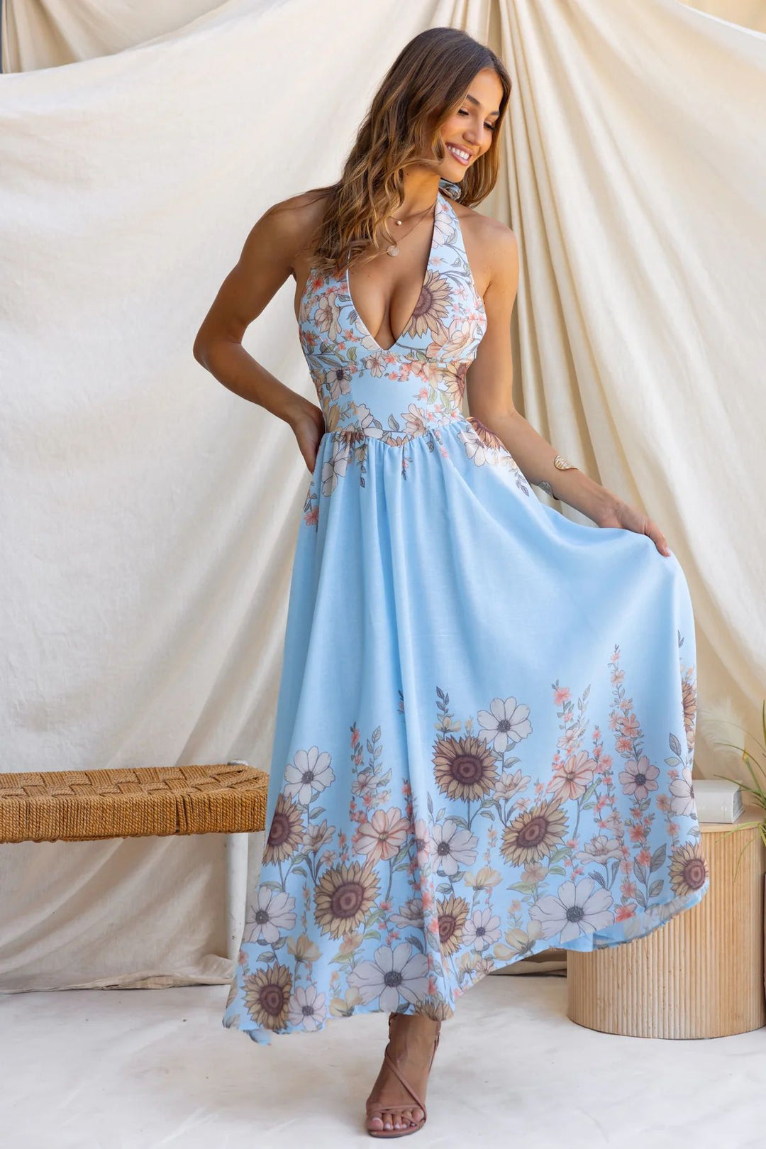 Damen Maxikleid mit tiefem V-Ausschnitt und floralem Print Drune