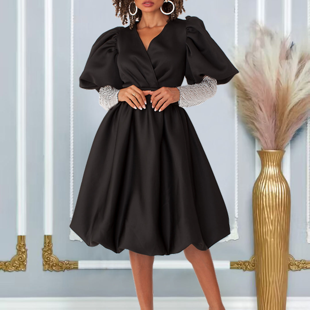 Damen Wickelkleid mit voluminösen Puffärmeln und transparenten Netzoberarmen Drune