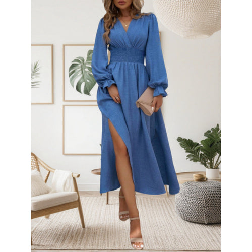 Damen Maxikleid mit tiefem V-Ausschnitt und langen Puffärmeln Drune