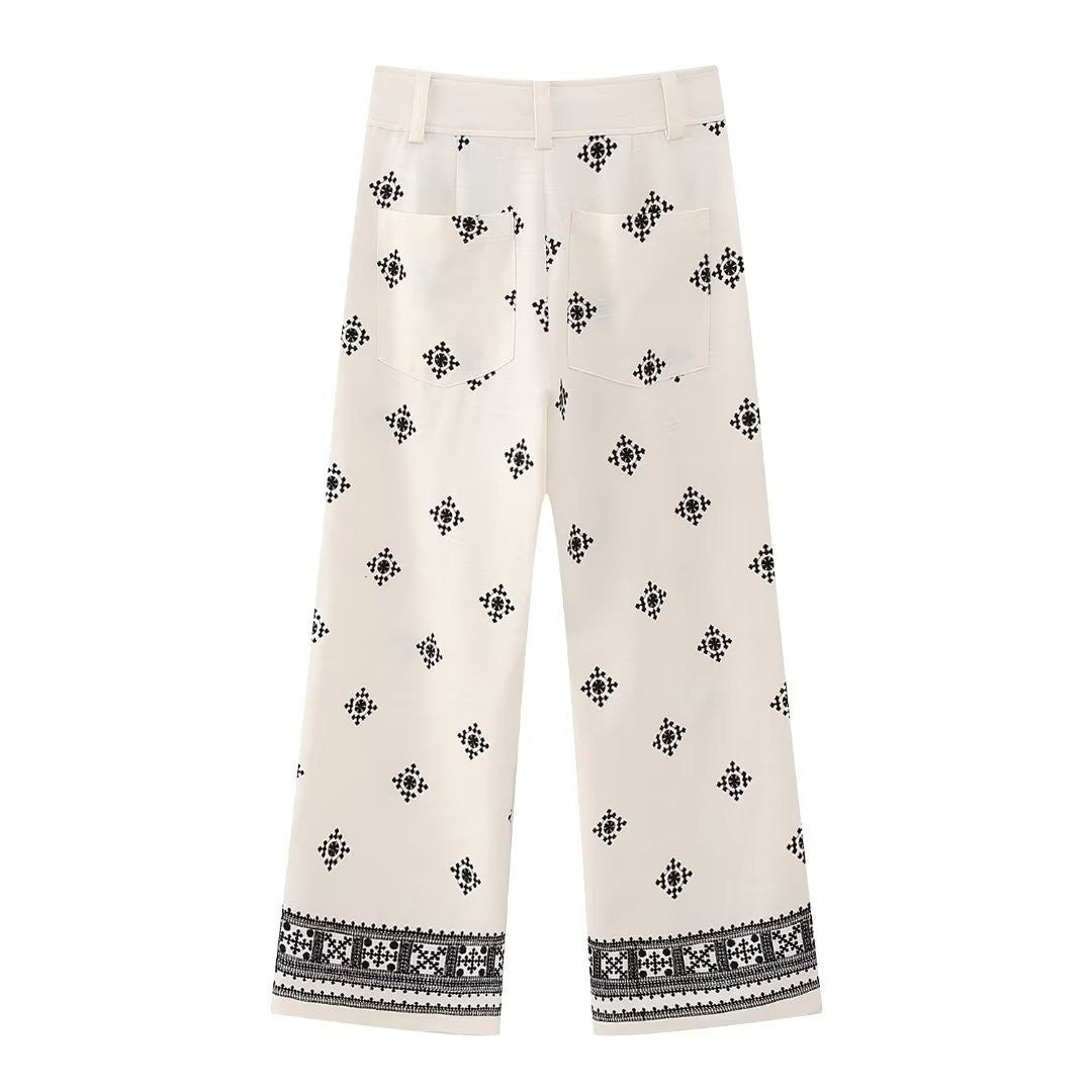 Damen Bestickte Culotte-Hose mit weitem Bein und Bordürenprint Drune