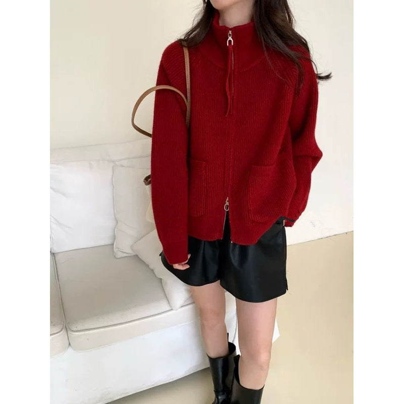 Damen Strickjacke mit hohem Kragen und praktischen Taschen Drune