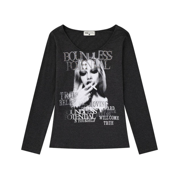 Damen Longsleeve-Shirt mit Fotoprint und Nietenapplikation Drune