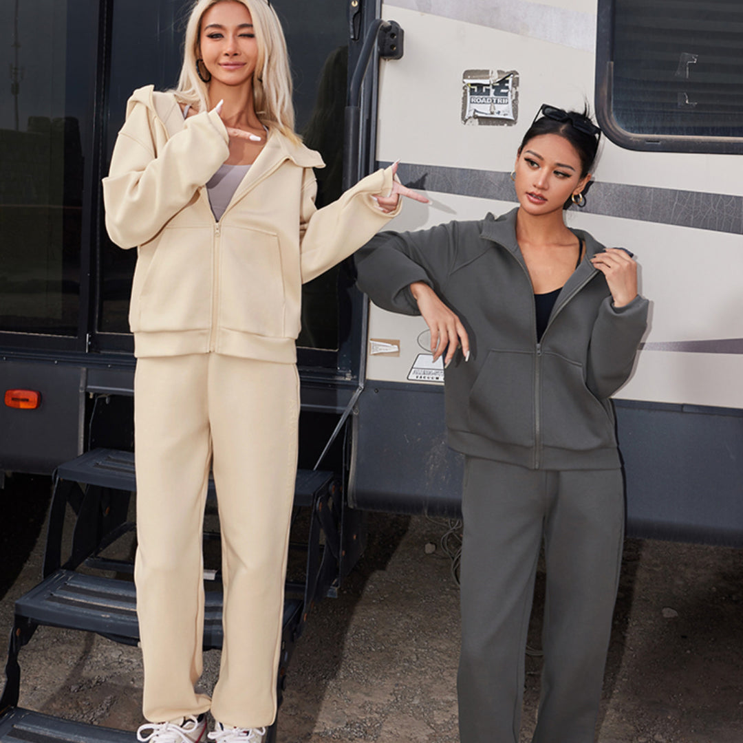 Damen nan athletisches Freizeit-Set mit Zip-Hoodie im Oversize-Schnitt und taillenhoher Komfort-Jogginghose Drune