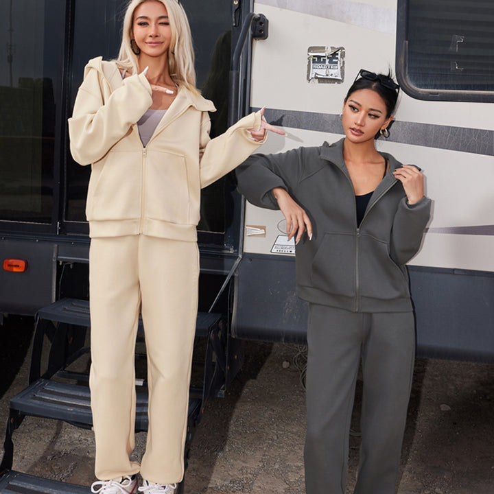 Damen sportlicher Fleece-Trainingsanzug mit Reißverschluss und hohem Kragen Drune