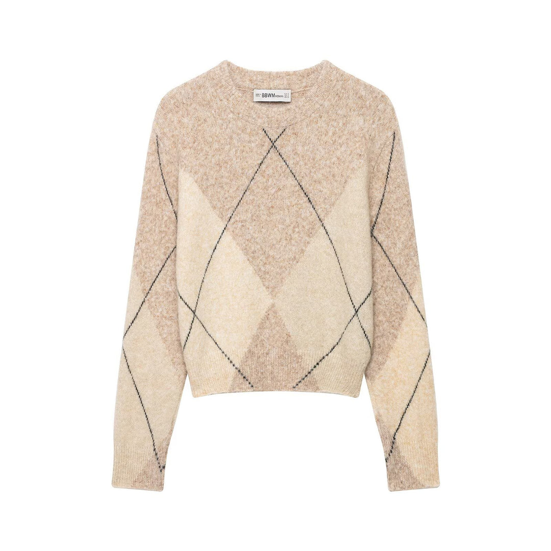 Damen Argyle-Pullover aus Wollmix mit weichem Flor und kastiger Cropped-Silhouette Drune