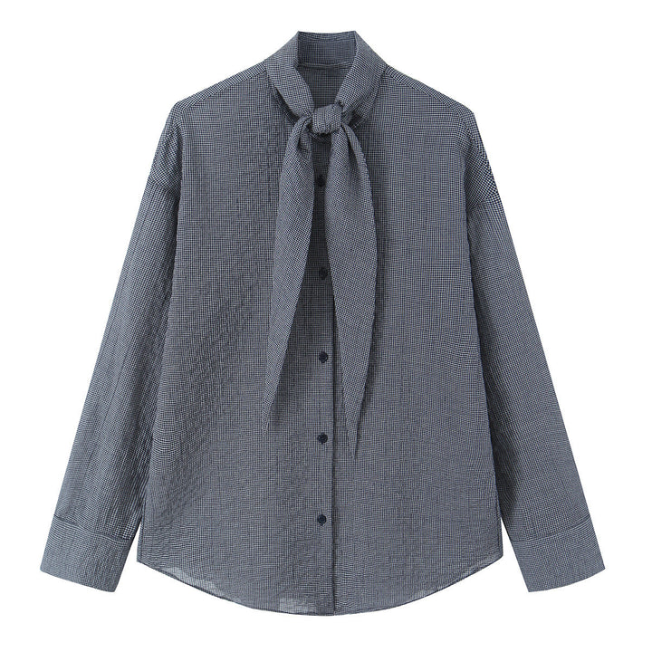 Damen Oversize-Bluse mit Schleifenkragen und feinem Vichy-Karo Drune
