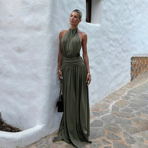 Damen Elegantes Maxikleid mit hohem Kragen und fließendem Stoff Drune