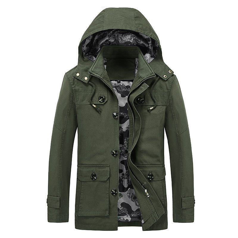 Herren mittellange Canvas-Fieldjacke mit Kapuze, Cargo‑Taschen und Camouflage‑Innenfutter Drune