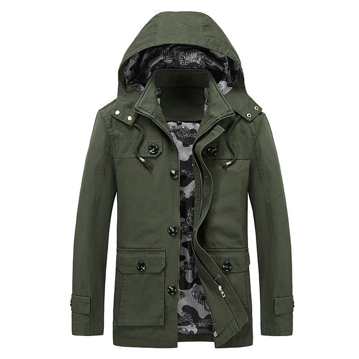 Herren mittellange Canvas-Fieldjacke mit Kapuze, Cargo‑Taschen und Camouflage‑Innenfutter Drune