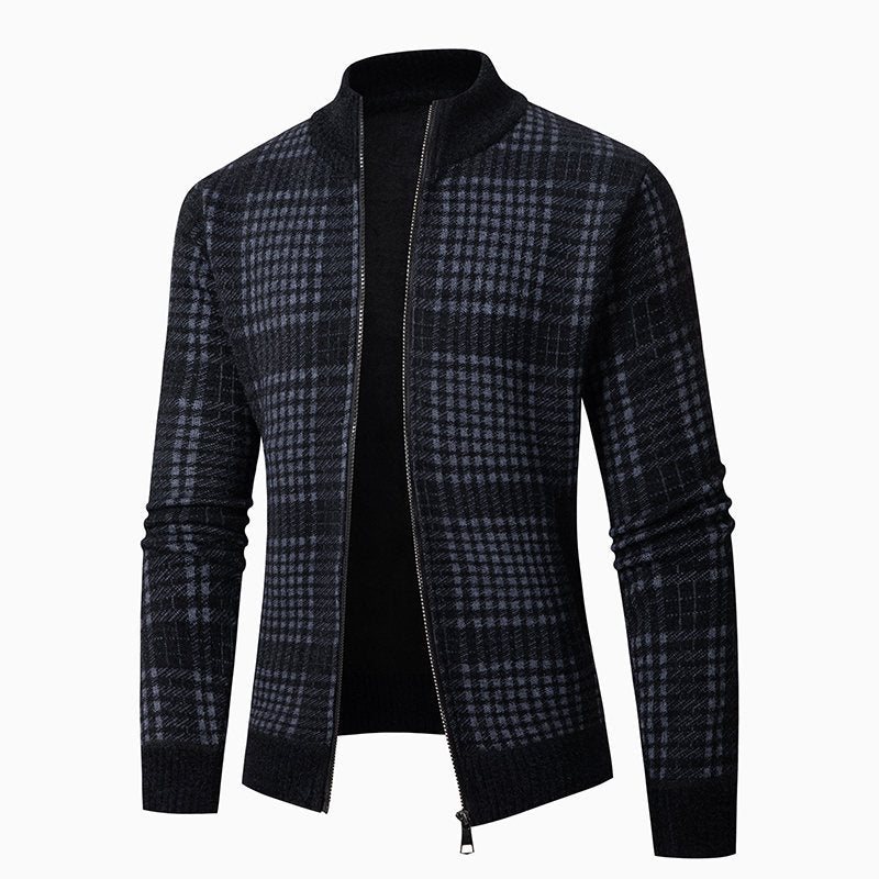 Herren Feinstrick-Zipcardigan mit Glencheck‑Muster, Stehkragen und Zwei‑Wege‑Reißverschluss Drune