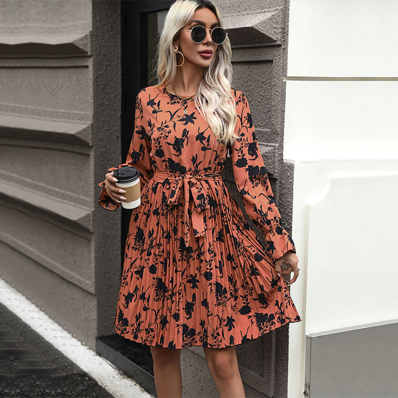Damen Plissiertes Midikleid mit Bindegürtel, langärmeliger A‑Linie und floralem Allover-Print Drune