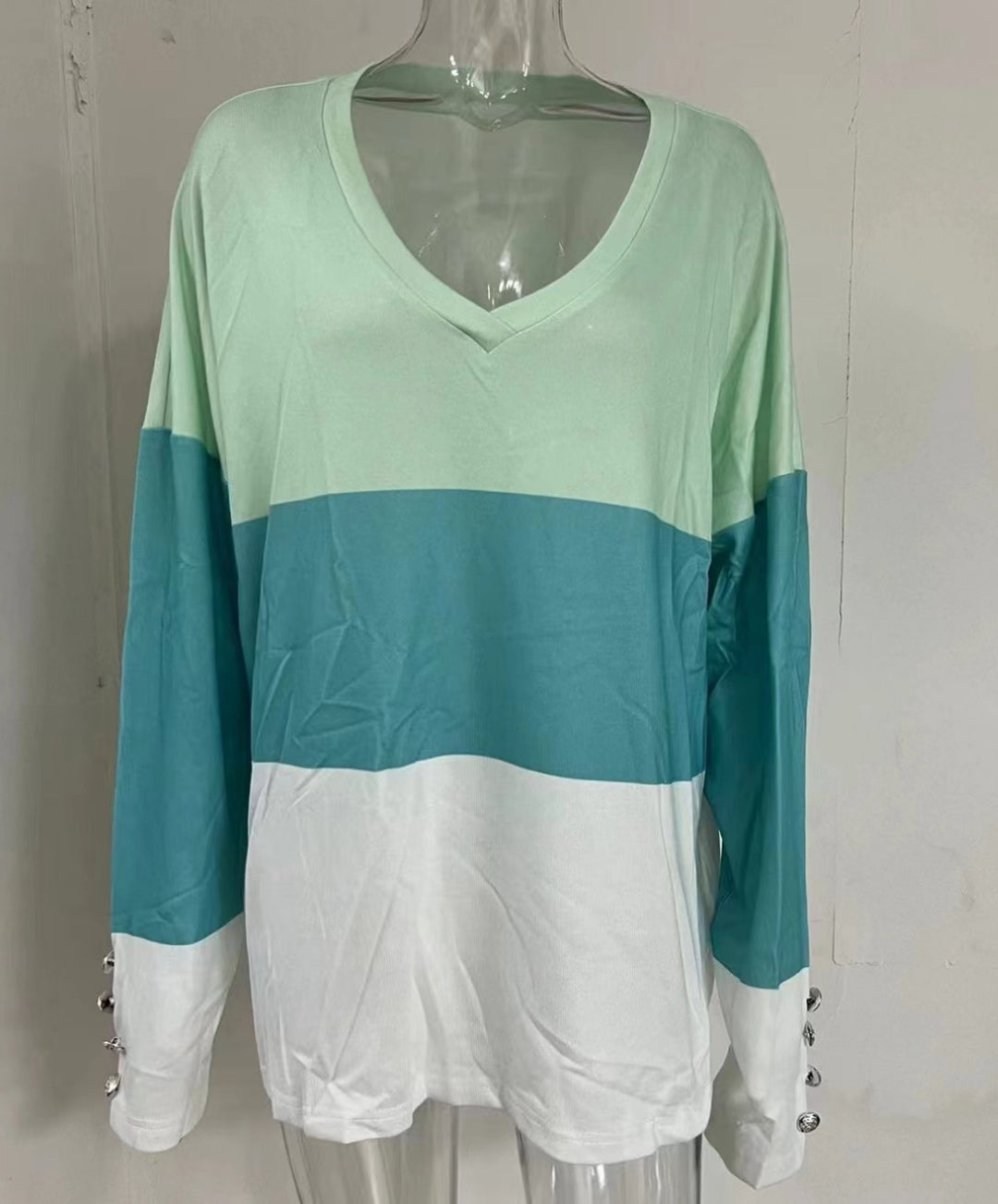 Damen Colorblock V-Ausschnitt Sweatshirt mit Zierknöpfen an den Ärmeln Drune