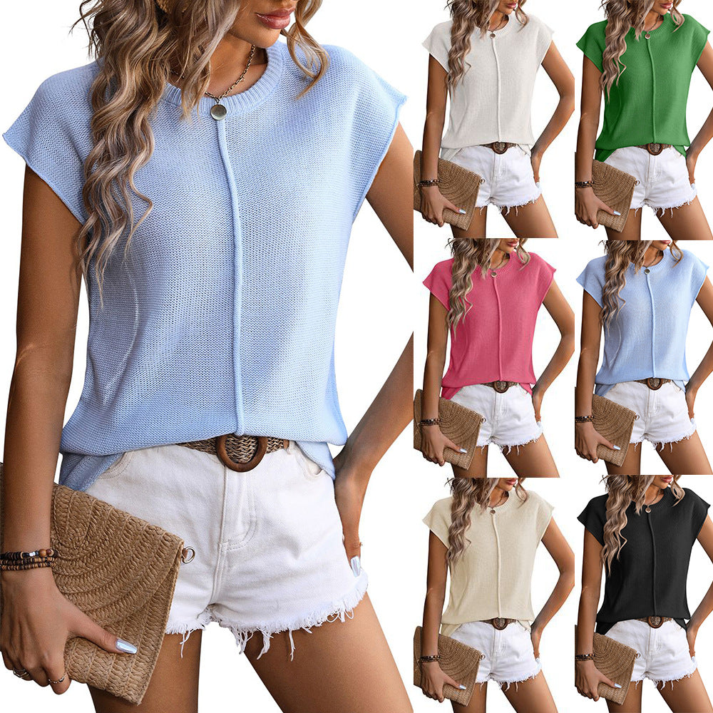 Damen lässiges Strickoberteil mit kurzen Ärmeln und strukturiertem Design Drune