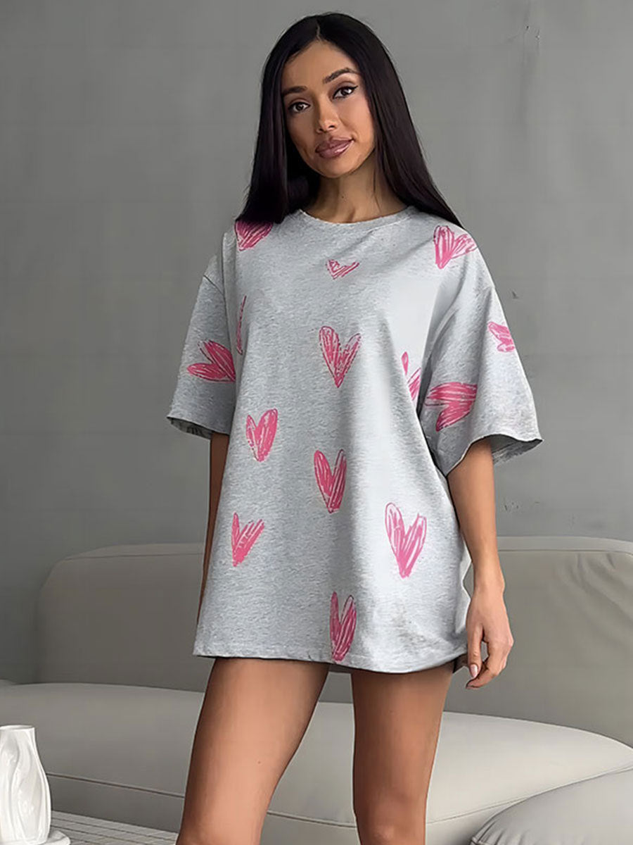 Damen lässiges T-Shirt mit Herzmotiv Drune