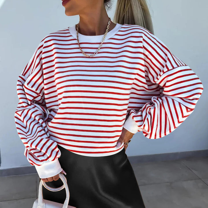 Damen lässiges gestreiftes Sweatshirt mit Boxy-Schnitt und kontrastierenden Abschlüssen Drune