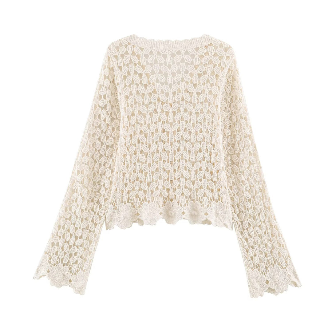 Damen Häkelcardigan mit Spitzeneffekt, V‑Ausschnitt und gewelltem Saum Drune