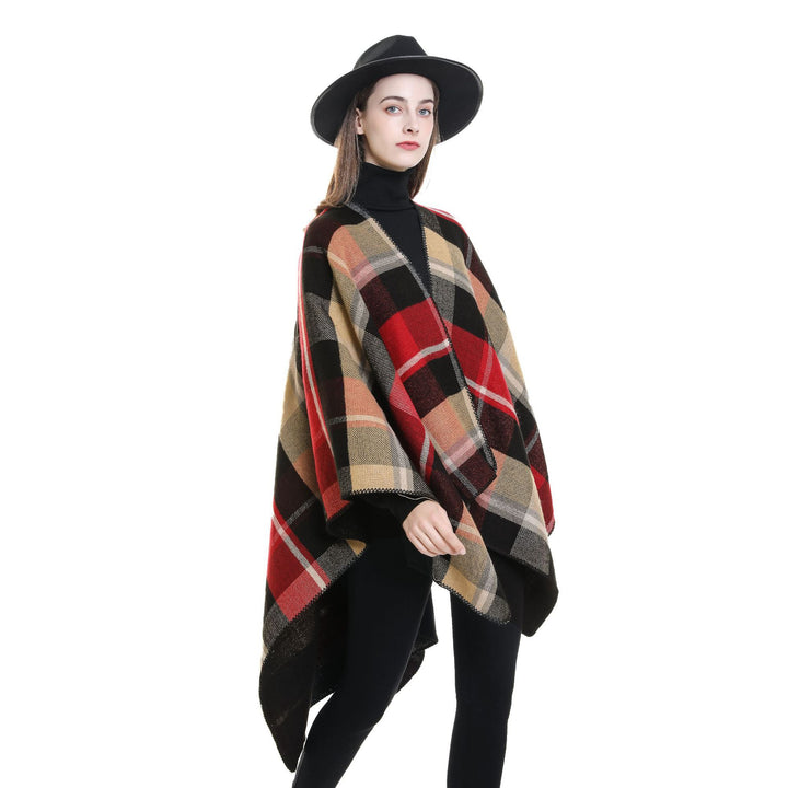 Damen Oversize-Rechteckponcho im Cape-Look mit Kettelsaum und Karomuster Drune