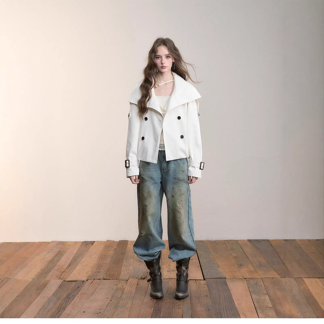 Damen Oversized Doppelreihige Trench-Bomberjacke mit hohem Stehkragen Drune