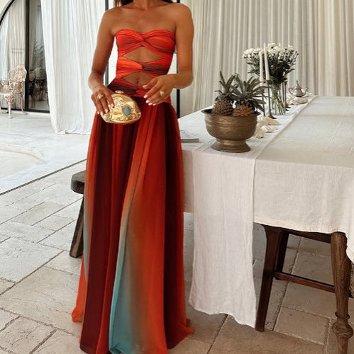 Damen Cut-Out Maxikleid mit fließendem Rock Drune