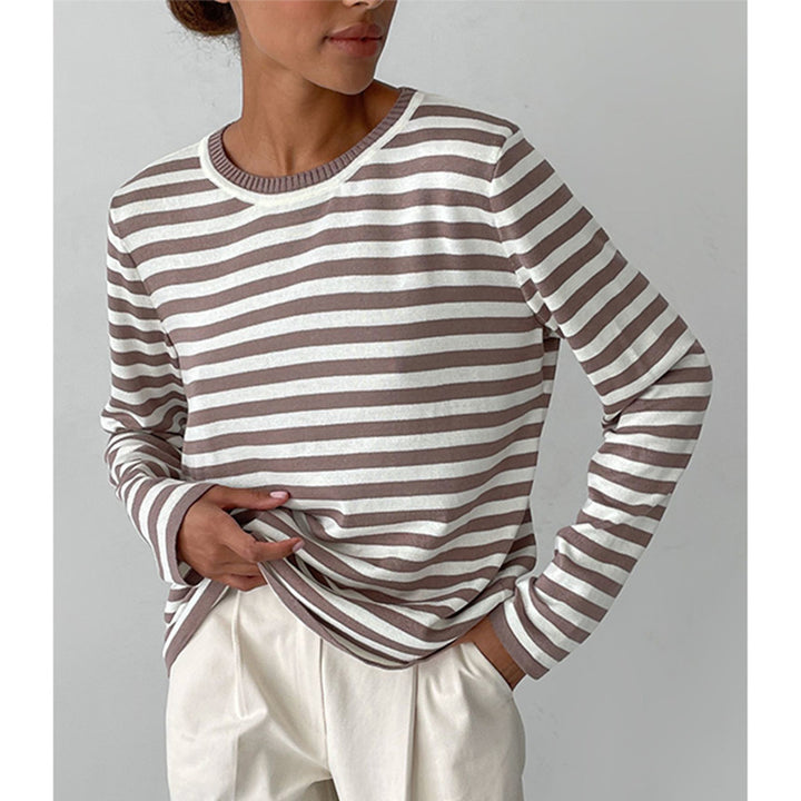Damen lässiger Strickpullover mit gestreiftem Muster und weitem Schnitt Drune