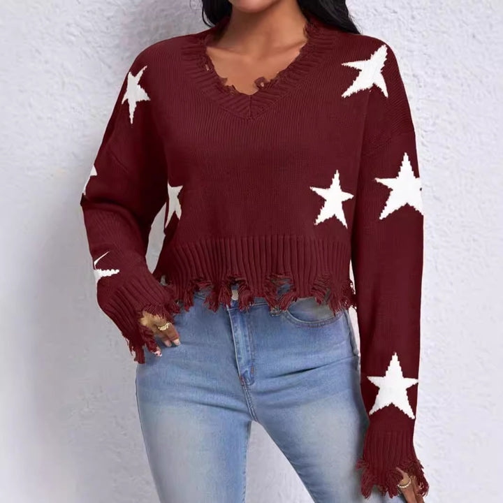Damen modischer Sweatpullover mit Sternenmotiv und ausgefranstem Saum Drune