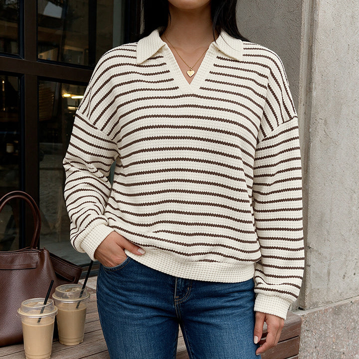 Damen Stylischer V-Ausschnitt Pullover mit Streifen Drune