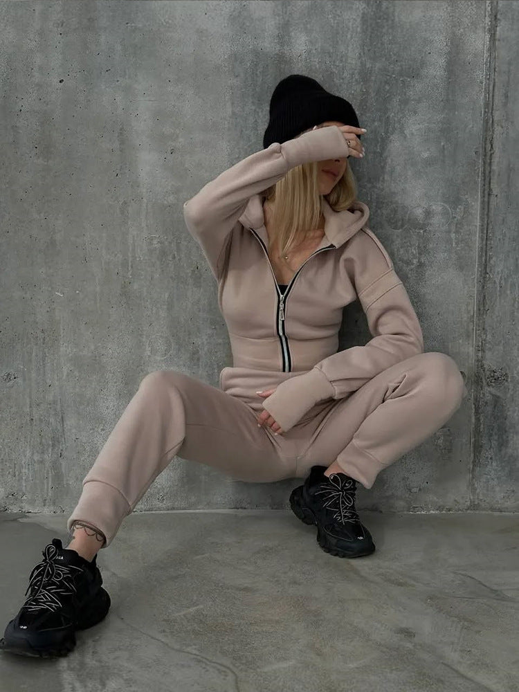 Damen Figurbetontes Kapuzen-Loungewear-Set mit tailliertem Zip-Hoodie und High-Waist Jogginghose Drune